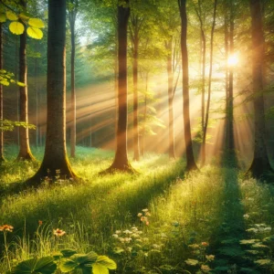 Natural landscape with sunlight filtering through trees