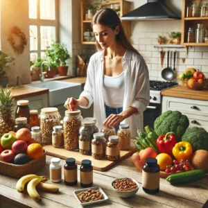 Person organizing supplement bottles and healthy foods on kitchen counter