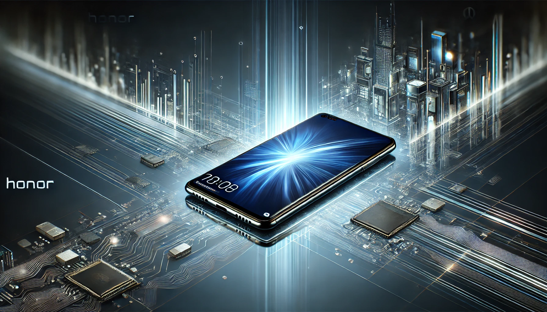 DALL·E 2025 03 03 21.01.14 A futuristic smartphone with a sleek bezel less design floats above a digital cityscape symbolizing innovation and technological advancement. The ba