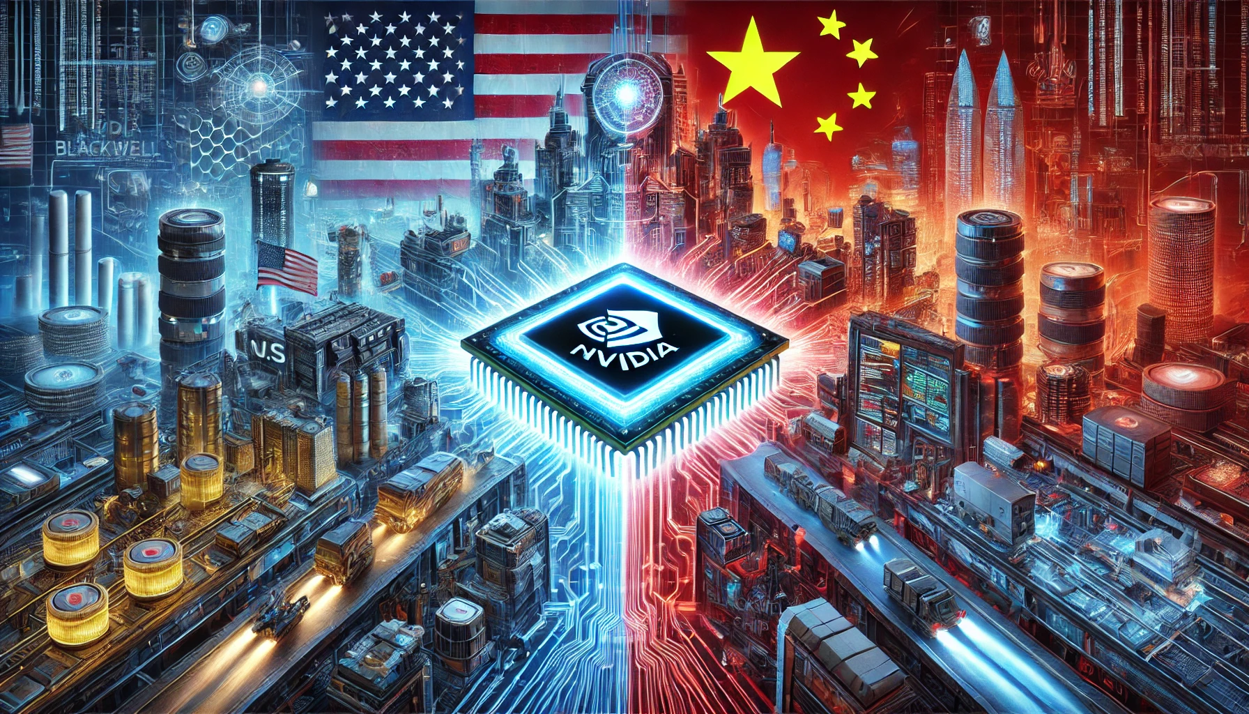 DALL·E 2025 03 03 23.21.46 A highly detailed futuristic digital illustration depicting the intense technological rivalry between the U.S. and China over AI chips. At the center